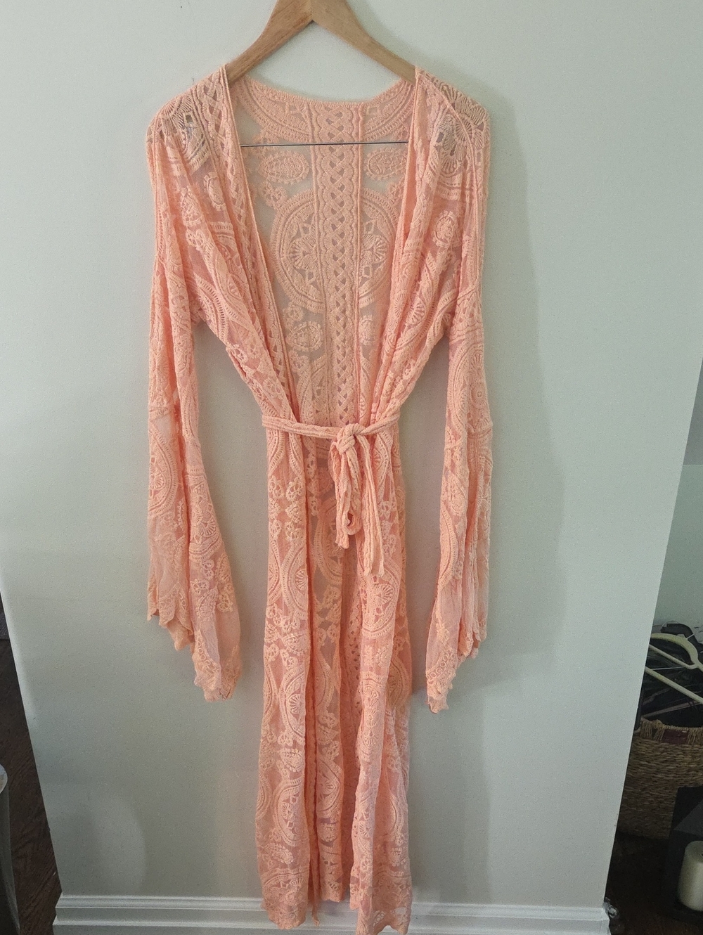 NWOT Peach Lace Long Duster with Belt And Bell Sleeves - Boho